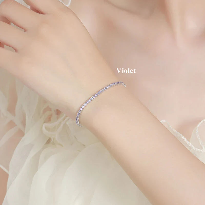 Full 2mm Violet Pink Blue White 5A Zircon Tennis Bracelet for Woman S925 Silver High Carbon All Colored Gemstone Bracelets