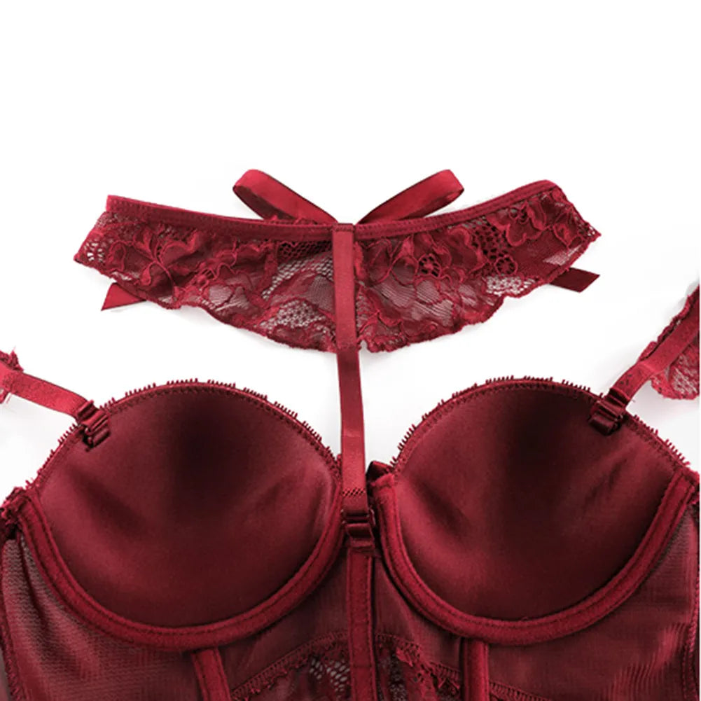 Varsbaby Sexy Lace Corset Body Shapewear Set Women Bustier with Suspenders Stockings Choker 4pcs Body Shapers Lingerie