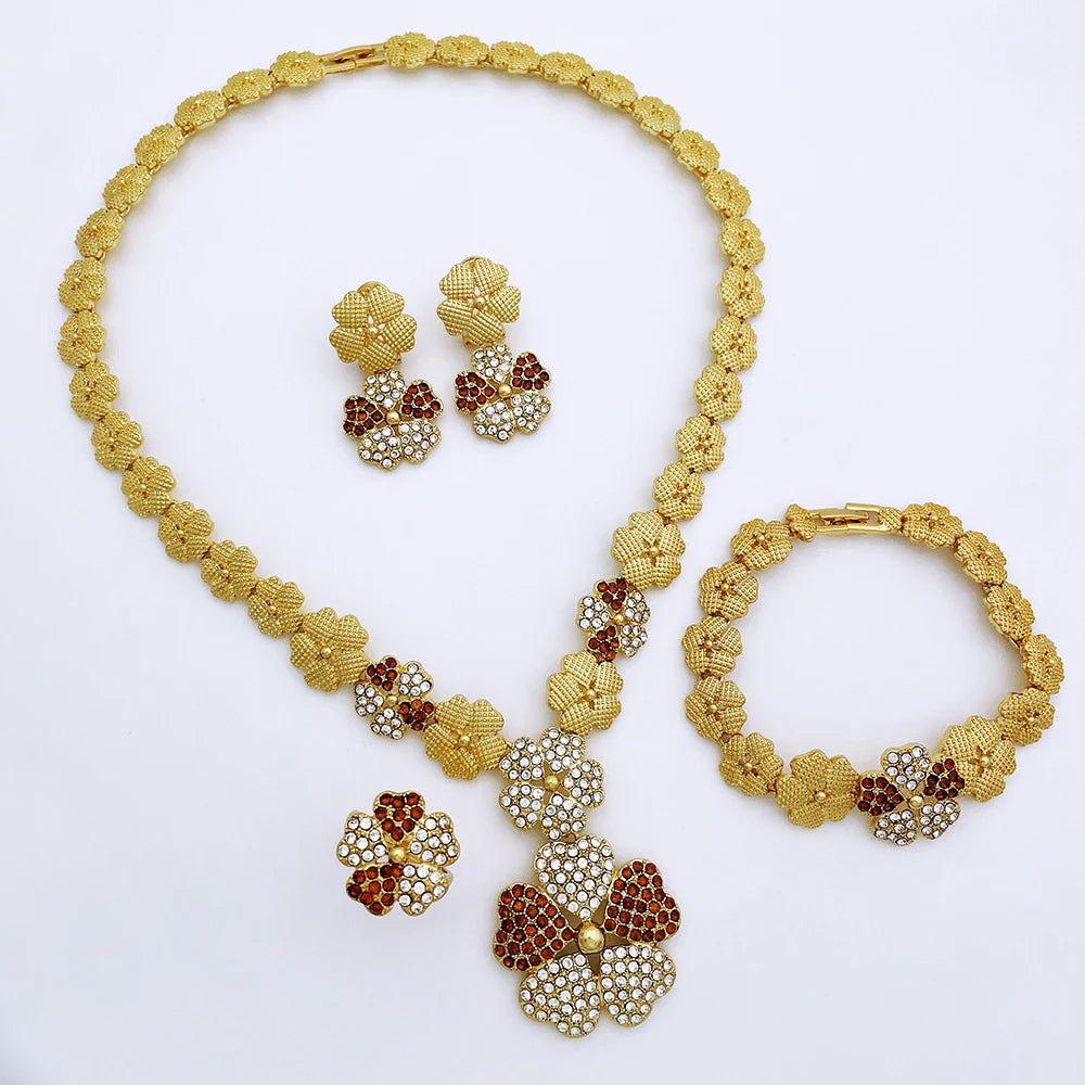 Dubai Nigeria Jewelry Sets For Women Luxury Design Five Petals Flower Pendant Necklace Earring Bracelet And Ring