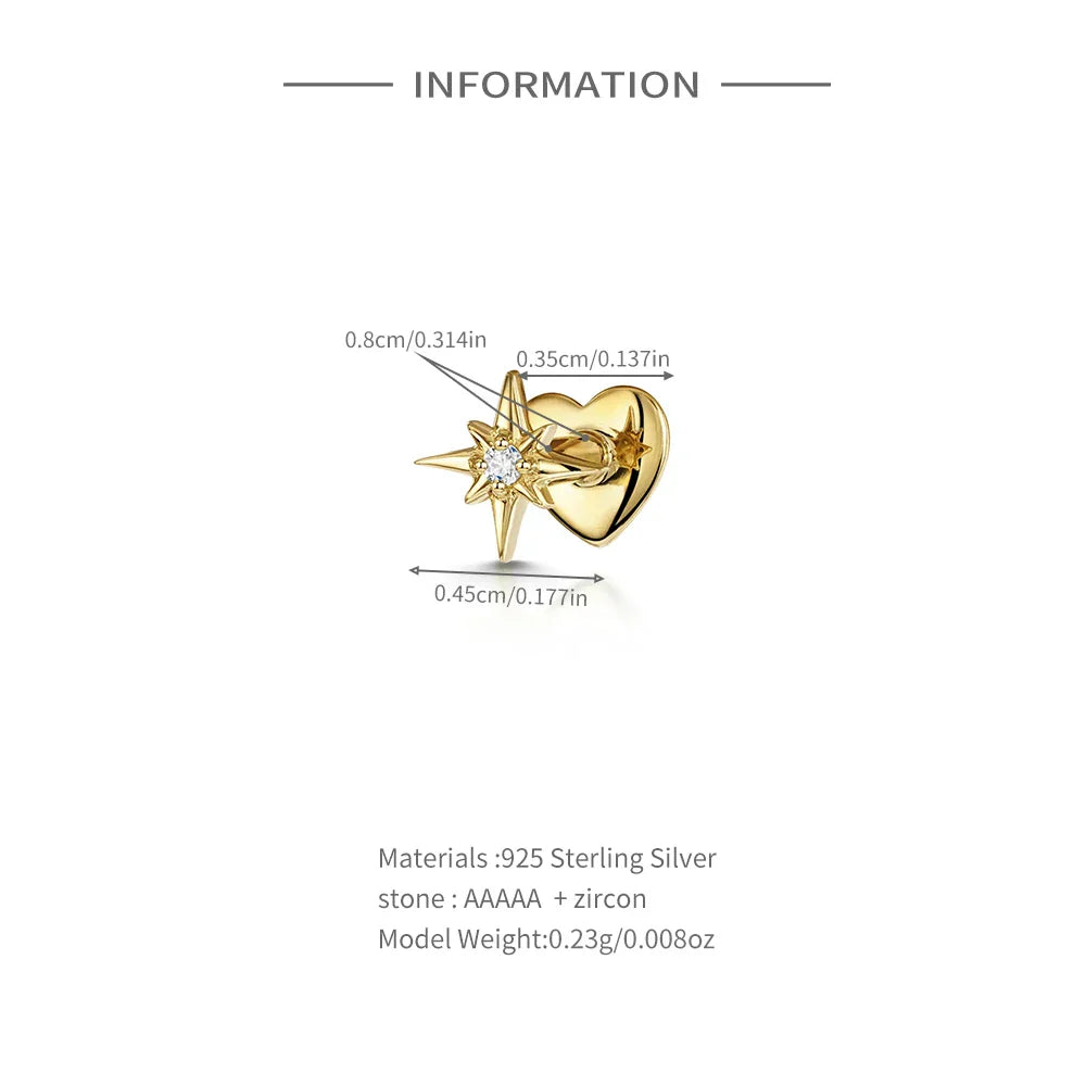 Heart Round Ball Flat Helix Piercing Earring 925 Sterling Silver Ear Studs Geometric Zircon Exquisite Trinket Studs Aretes
