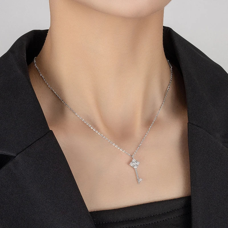 All Moissanite Necklace for Women S925 Pure Silver Laboratory Diamond Key Pendant Luxury Fashion Jewelry Party Gift