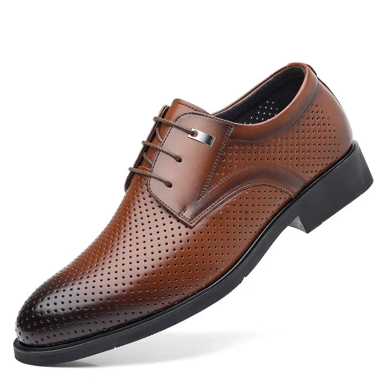 Mens Black Genuine Leather Perforated Metal Decor Lace Up Formal Business Office Breathable Summer Shoes Hollow Stylish Simple