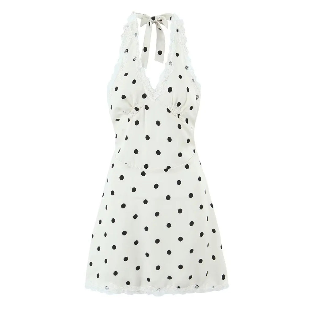 Lace Spliced Polka Dot Halter Dress Women Elegant A-line Mini Sexy Backless Dresses Summer Robe 2025