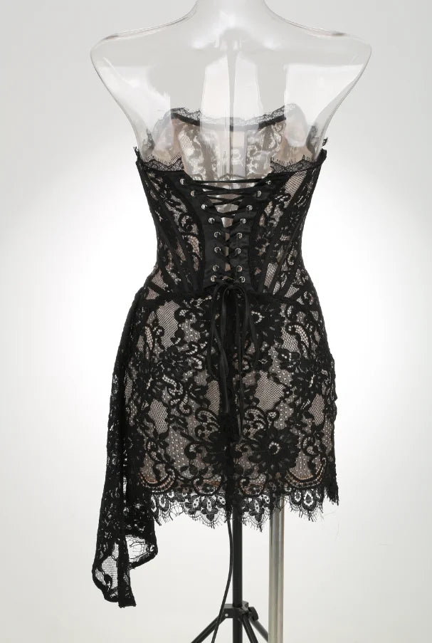VC Christmas Dress For Women Red Lace Sexy Strapless Sleeveless Slim Supper Short Dress With Lace-Up