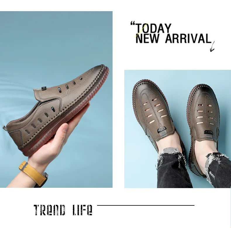 Solid Color Business Casual Shoes for Men Breathable Hallow Leather Sandals Male New Designer Fashion Summer Shoes Man
