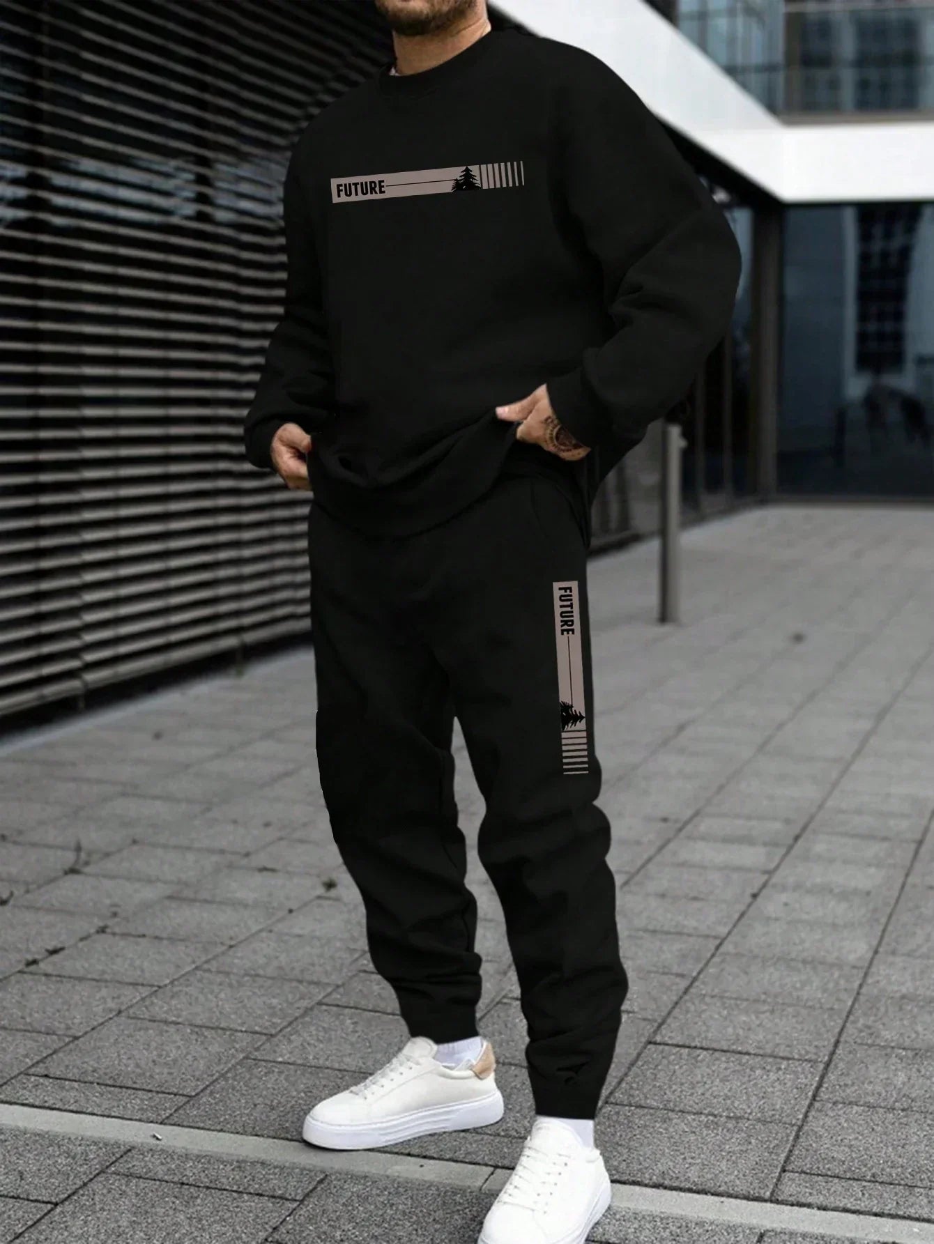 Men's Autumn and Winter Set With Future Print Casual Long Sleeve Pants Two-pieces Suit Comfortable Sportswear Suit Crew Neck