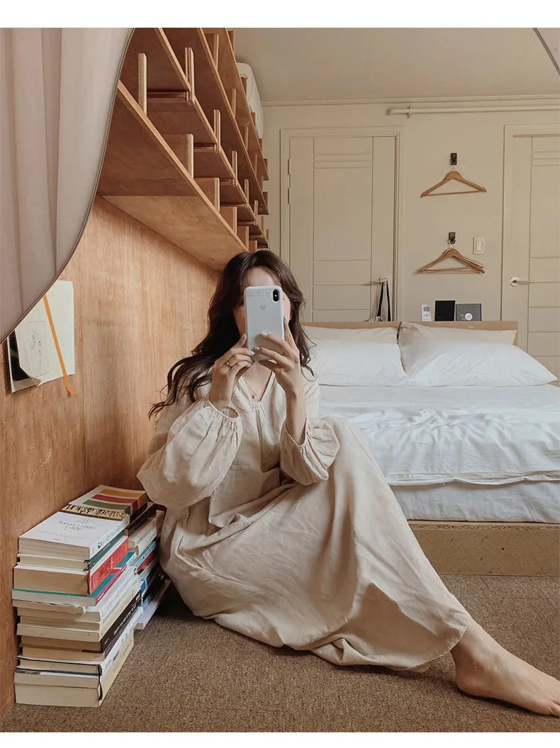 Vintage 100% Cotton Women Dress V Neck Long Sleeve Korean Jananse Pajama Dresses Ladies Comfortable Homewear Wearable Outside