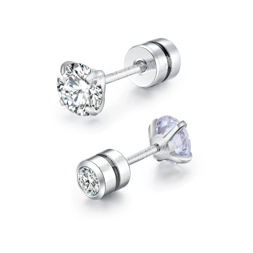 Stainless Steel 5 Style CZ Zircon Silver Color Earrings For Women Men Crystal Screw Titanium Alloy Ear Studs Round Beads Jewelry