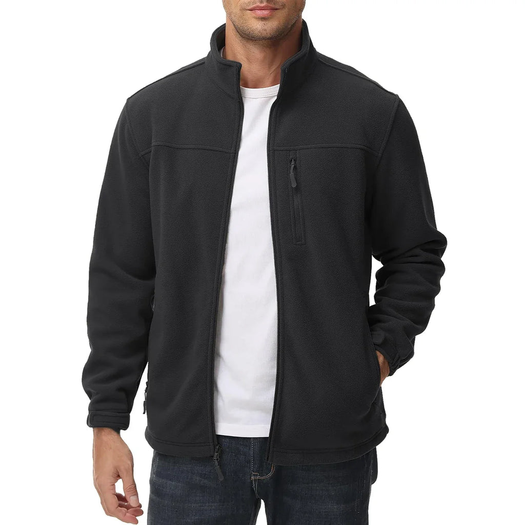 Men's Thermal Warm Fleece Jacket Stand Collar Full Zip Windbreaker Multiple-pockets Outerwear Working Hiking Coat