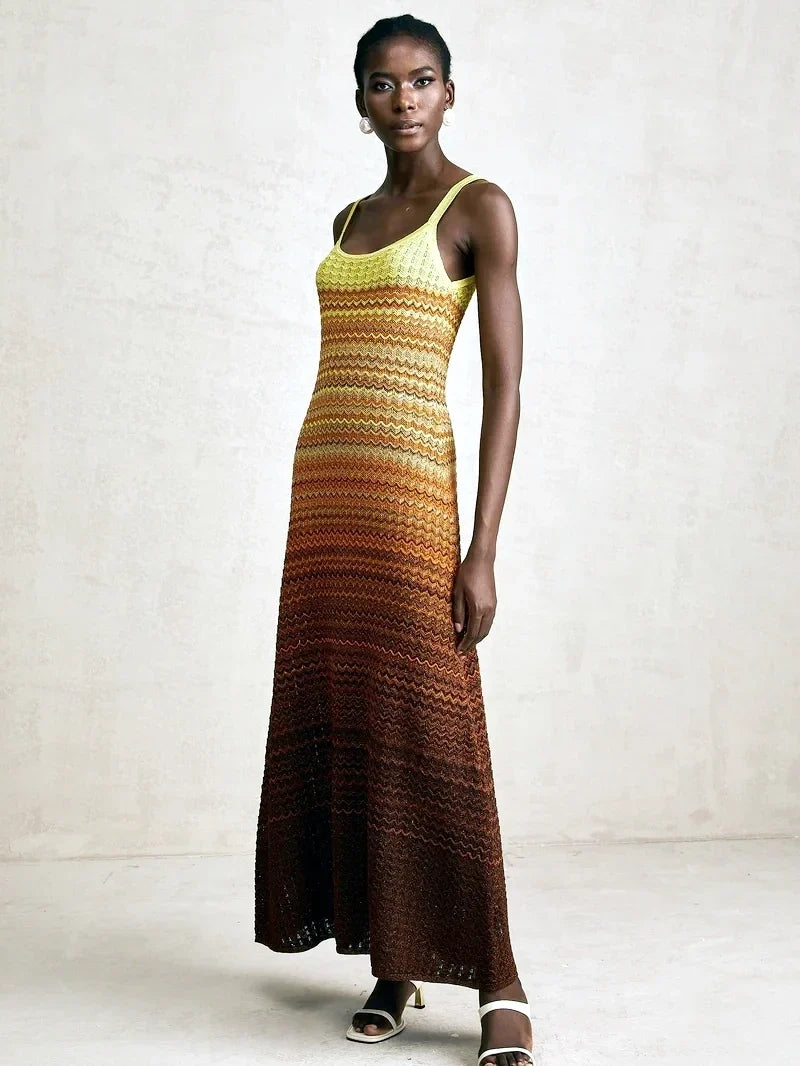 Luxury Brand Design Women Elegant Boho African Golden Sequins Maxi Sleeveless Evening Party Vacation Dress Knitted Lady Clothing