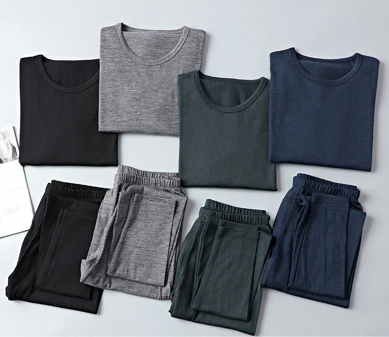 100% Merino Wool Base Layer Set Men 150G Winter Merino Wool Thermal Underwear Sets Lightweight Long Sleeve Top Bottom Pants