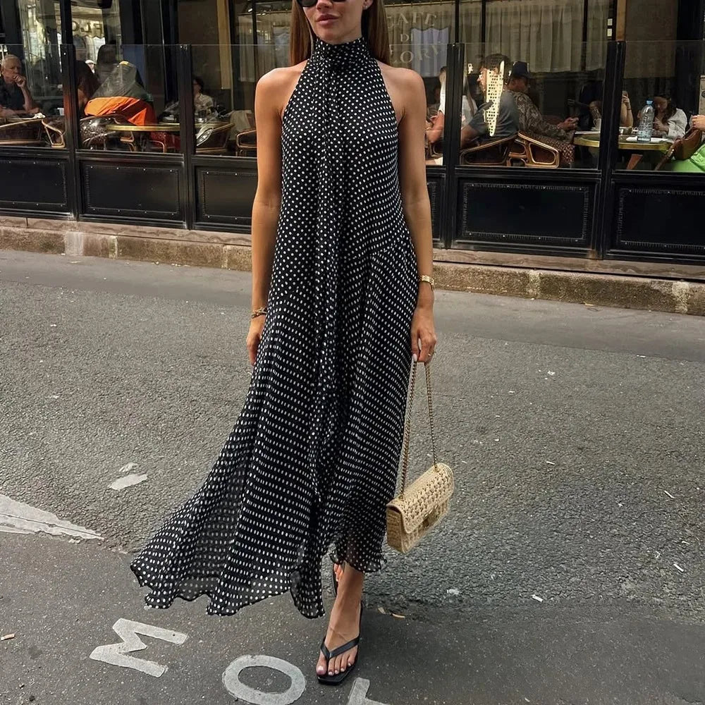 Sexy Halter Scarf Dot Print Dress Women Sleeveless Backless Chiffon Holiday Dress Fashion 2025 Summer Loose Beach Dress