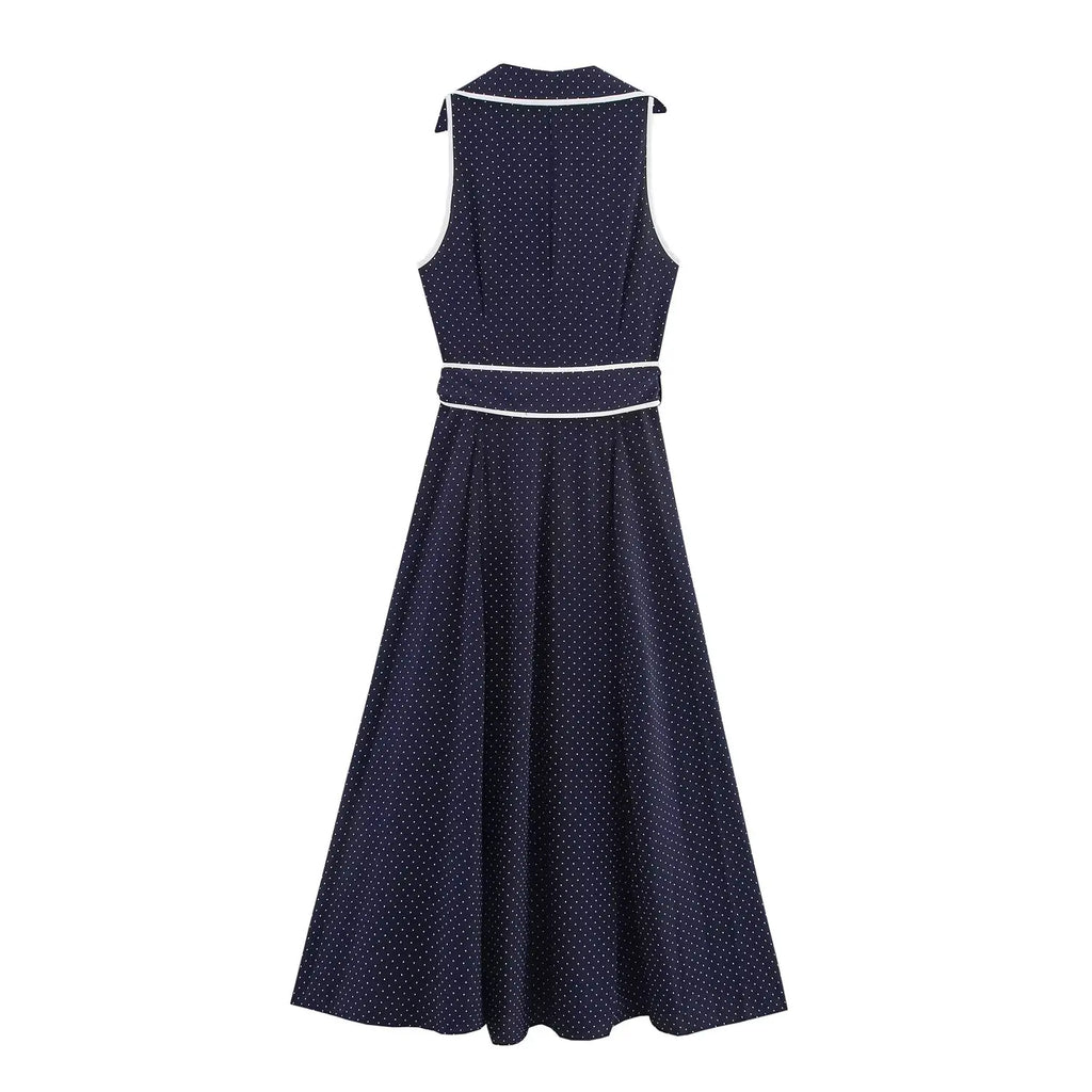Woman Elegant Chic Sleeveless Single-breasted Midi Dress Summer Women Sexy White Polka Dot Shirt Style Chart Dress Mujer