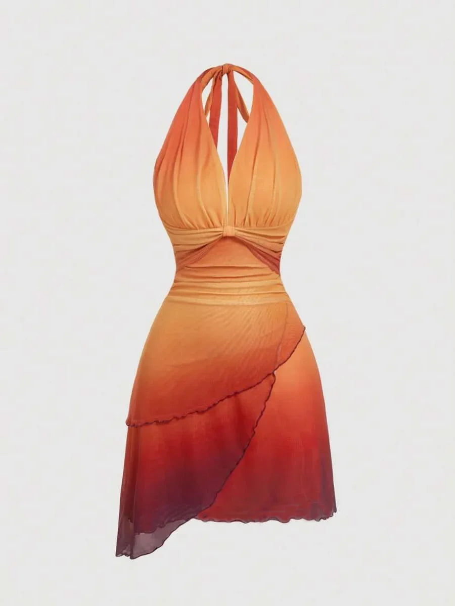 Gradient Bow Tie Strap Asymmetrical Backless Spaghetti Strap Dress