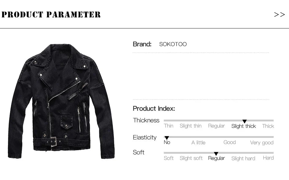 Men's Zippers Black Biker Jean Jacket Streetwear Thick Denim Slim Coat with Belt High Quality
