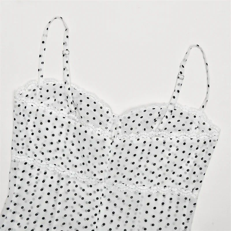 Polka Dot Spaghetti Strap Sexy Midi Dress Women Elegant Off-shoulder Backless Sleeveless Bodycon Club Party Dress