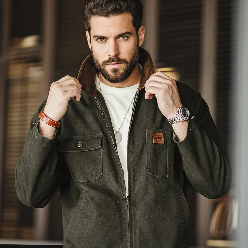 Retro Heavyweight Canvas Detroit Jacket Corduroy Collar Hunting Short Zip-Up Jacket with Pockets Men's Autumn Outerwear