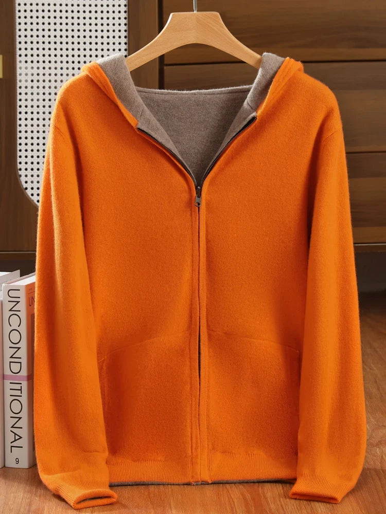 Double-Sided Hooded Zippered Men's Cashmere Cardigan Autumn and Winter Contrasting Color Thickened Loose Casual Knitted Sweater
