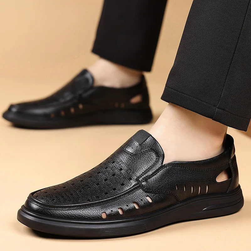 Spring Summer New Hallow Breathable Loafers for Men Fashion Casual Leather Shoes Male Solid Color Soft Sole Designer Shoes Man
