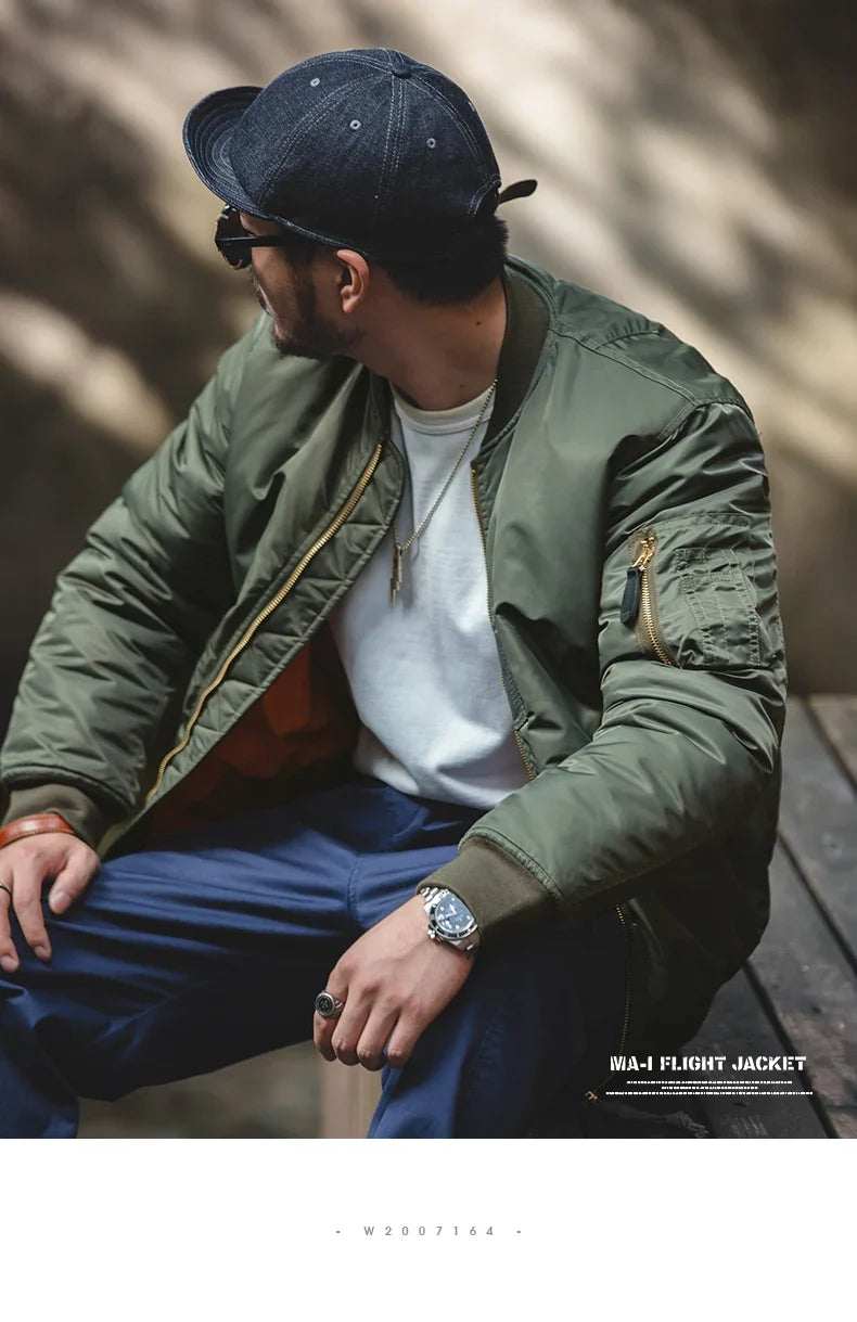 Vintage MA1 Pilot Jacket Green Thickened Cotton-padded Jacket Casual Baseball Pockets Flight Zipper Outwear for Men's Fall