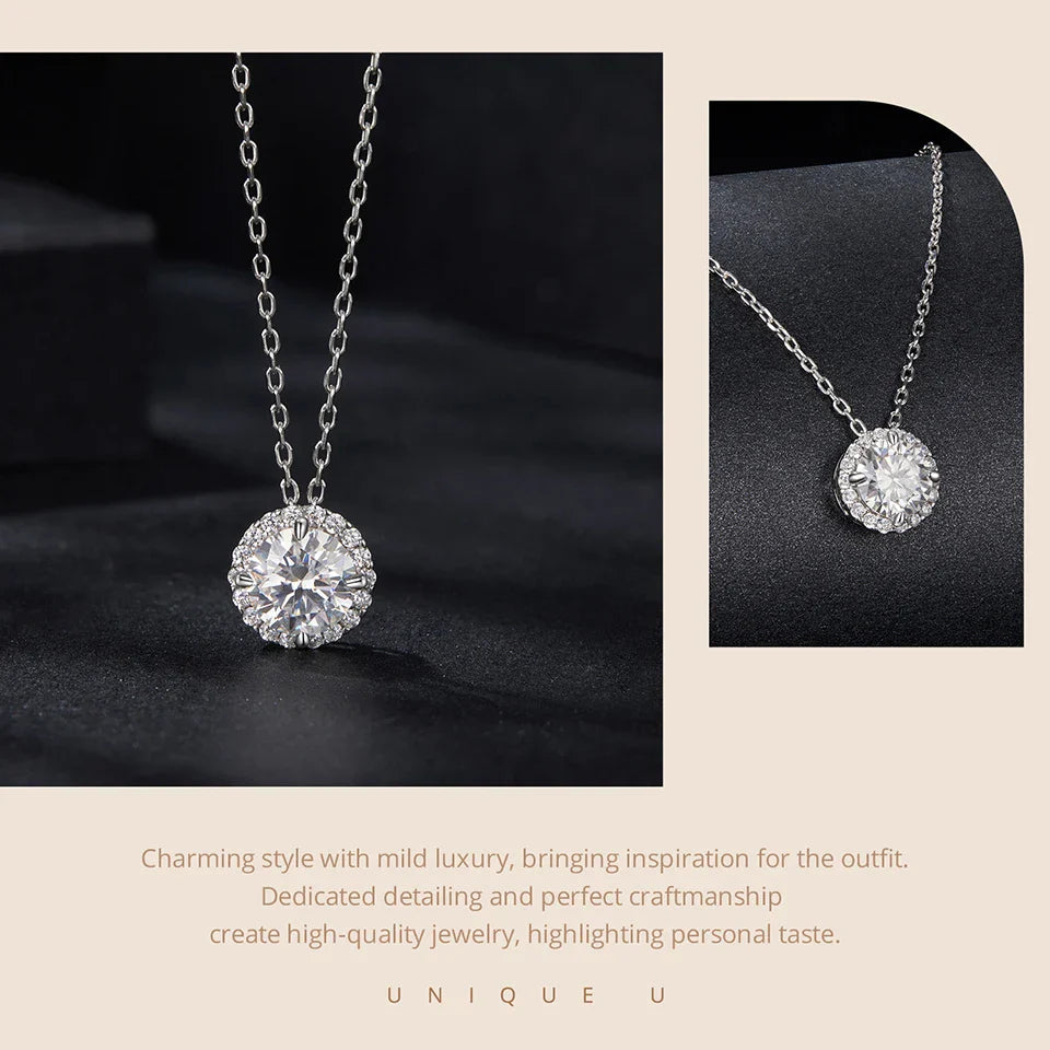 925 Sterling Silver Round Halo Moissanite Necklace, White Gold Plated Classic Elegant Necklace Engagement Jewellry Gift