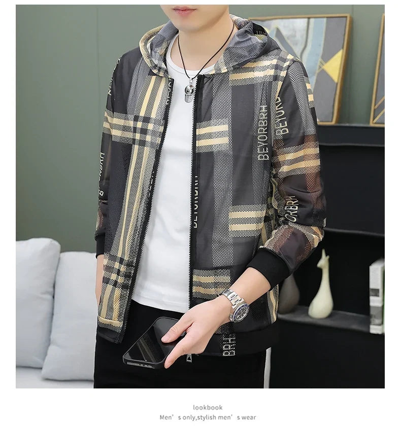 Men's Summer Mesh Sun Protection Clothing Trendy Stripe Print Ice Silk Cool Feeling Breathable Quick Dry Hooded Jacket