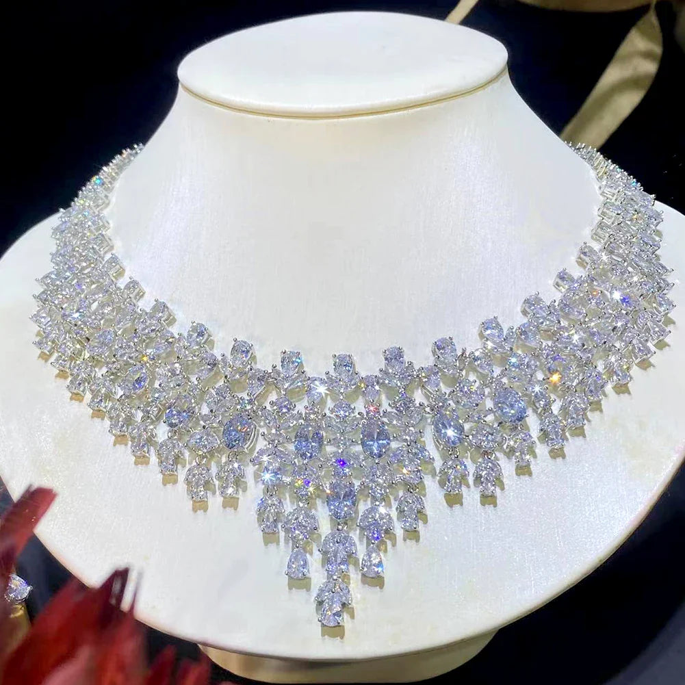Luxury Floral Design Wedding Dubai Bridal Jewelry 2 PCS Set Shiny Cubic Zirconia CZ Necklace Pendant Earrings X0202