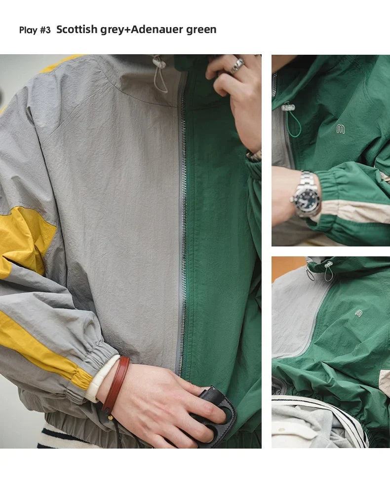 Casual Detachable Double Zipper Patchwork Jackets Stand-up Collar Loose Fit Letter Jacket For Men's Spring and Fall Coat