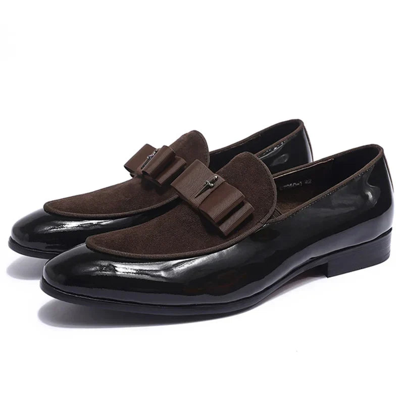 Handmade Men's Genuine Leather Patent Suede Loafers Patchwork Bow Tie Dress Shoes for Wedding Banquet Formal Occasions
