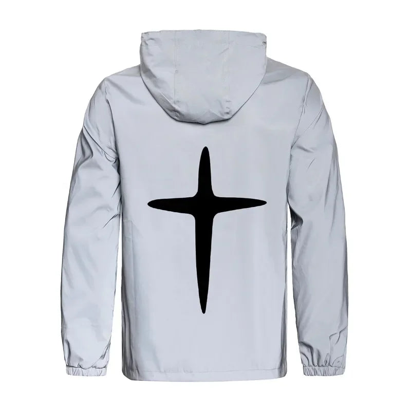 Men's Night Reflective Jacket Fashion Cross Printed Windproof Hooded Coats Streetwear Outdoor Cycling Jogger Safety Outerwear