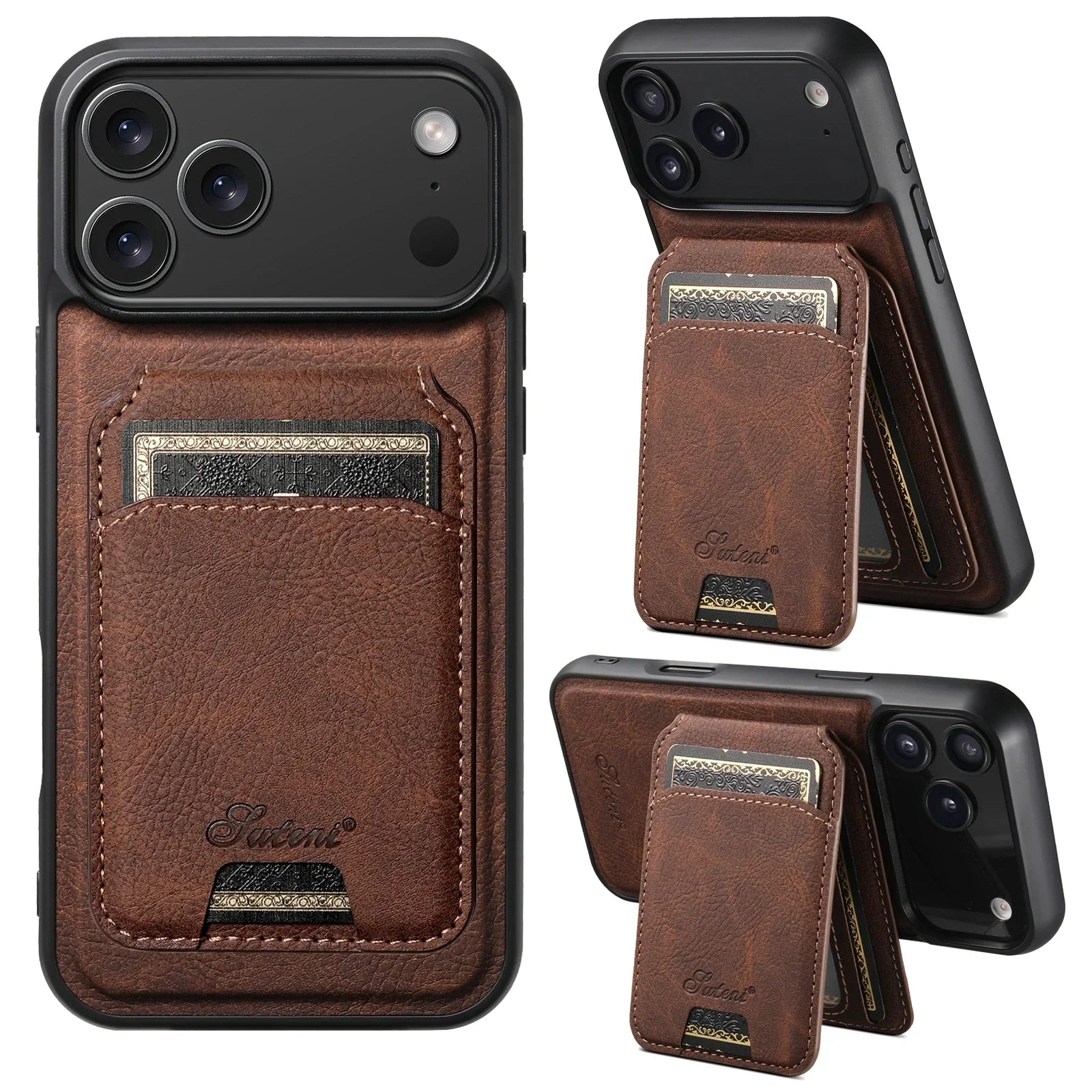SUTENI Wireless Charging Phone Case Magnet Card Holder Stand Faux Leather For iPhone 17 Pro Max 16 Plus 15 14 13 12