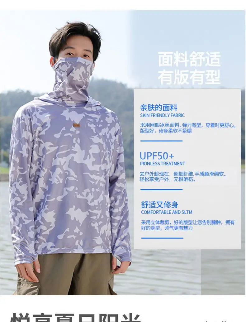 Mens UPF50+ T-Shirt Hoodie Tight Sports Casual Sun Protection T-Shirt Running Quick Dry Hoodie Sunscreen Fishing Men's Clothing