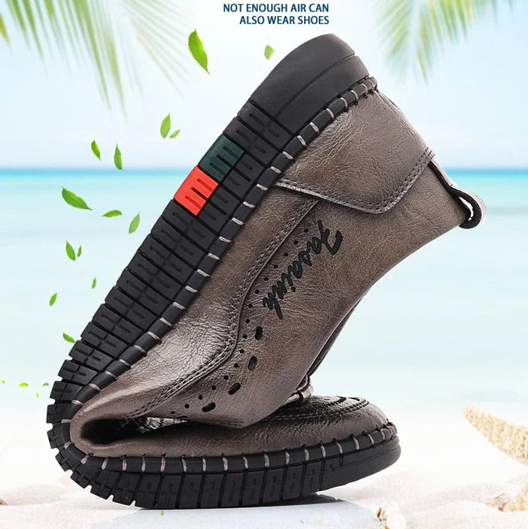 Summer New Breathable Hallow Leather Shoes for Men Solid Color Fashion Casual Driving Shoes Male Low Top Flat Shoes Man
