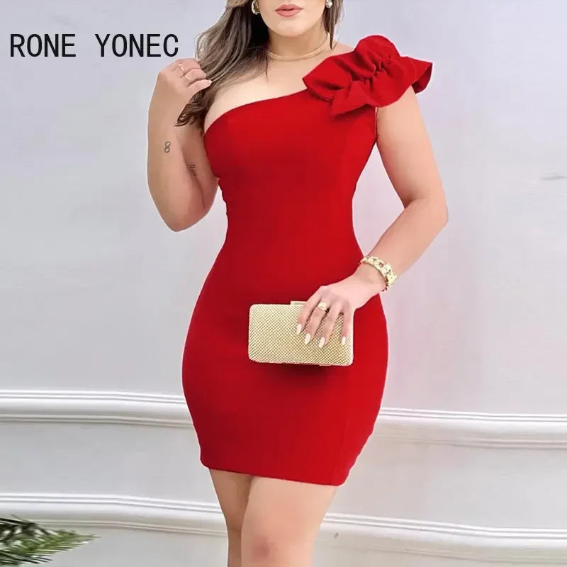 Women Elegant Solid Diagonal Collar Sleeveless Mini Bodycon Formal Party Dress