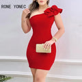 Women Elegant Solid Diagonal Collar Sleeveless Mini Bodycon Formal Party Dress