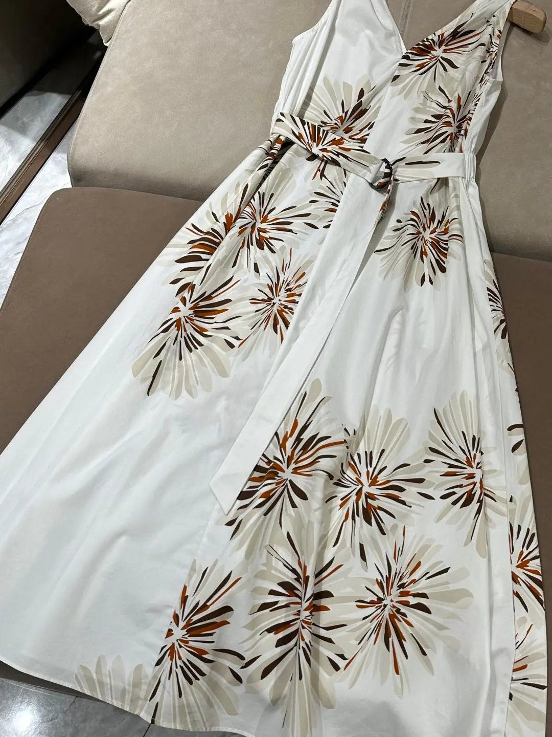 V-Neck Cinched Waist Dual Color Printed Sleeveless 100% Cotton Romantic Dress