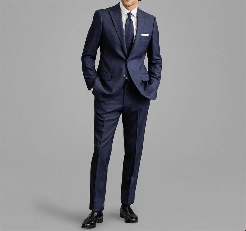 Cotton Blue Striped Classic Men's Business suit 2pc Set Suit Jacket Suit Pants Groom's Wedding Suit Gentleman's Banquet Suit