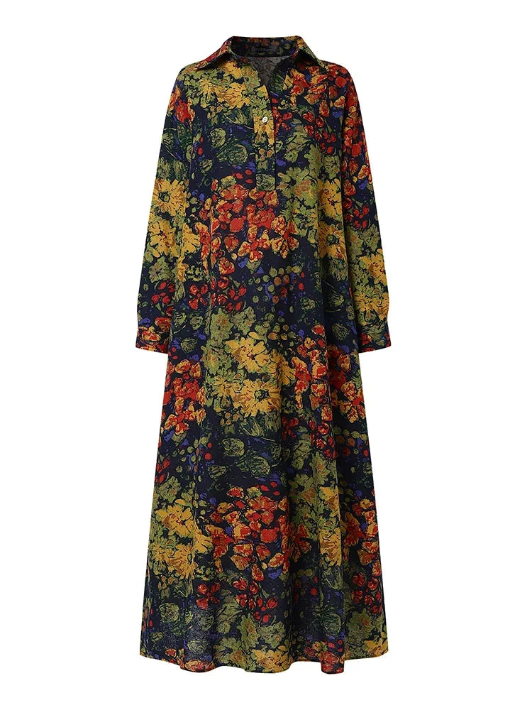 Printed Long Sleeve Cotton Maxi Dress Women Spring 2025