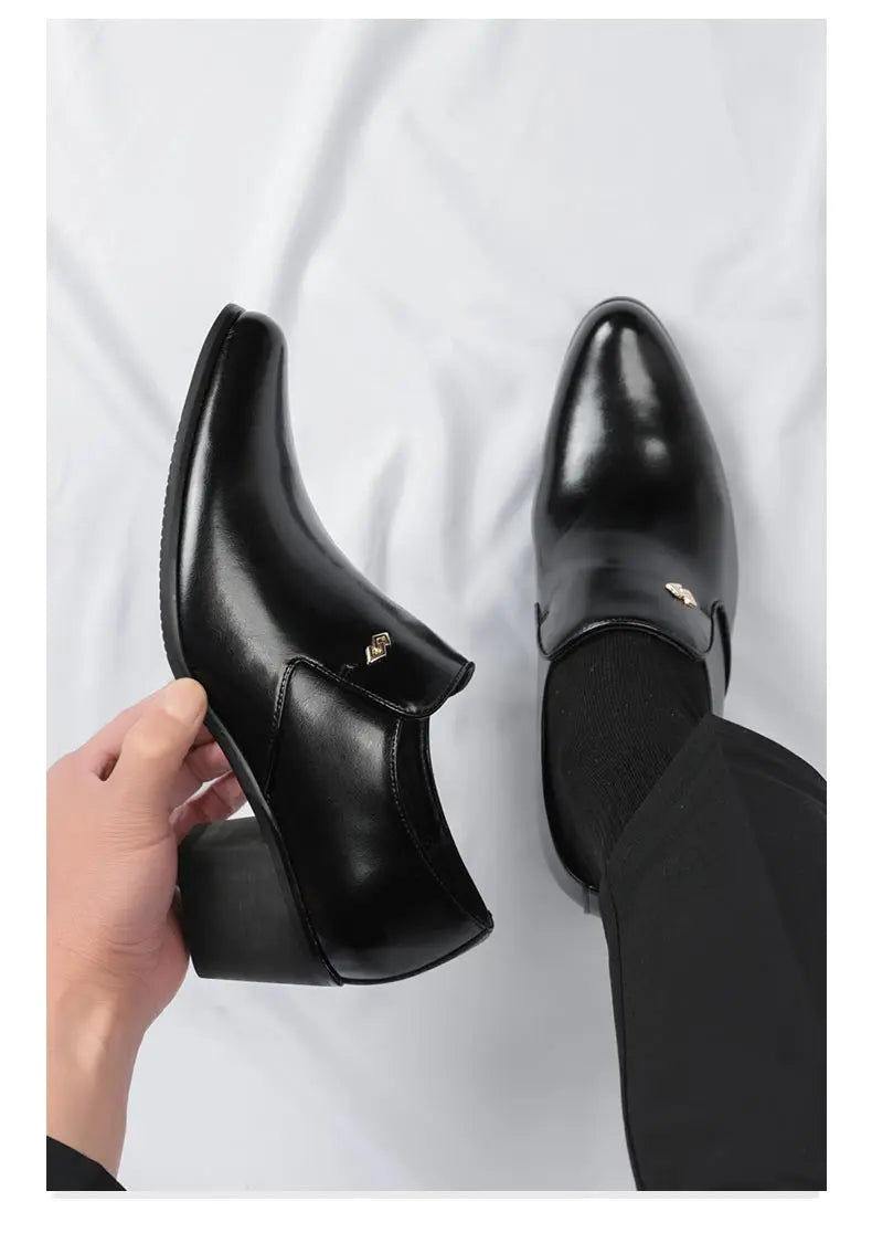 Premium Leather Men Shoes Slip On Loafers European Brand Business Casual Wedding Party Plaid Design Height Increasing