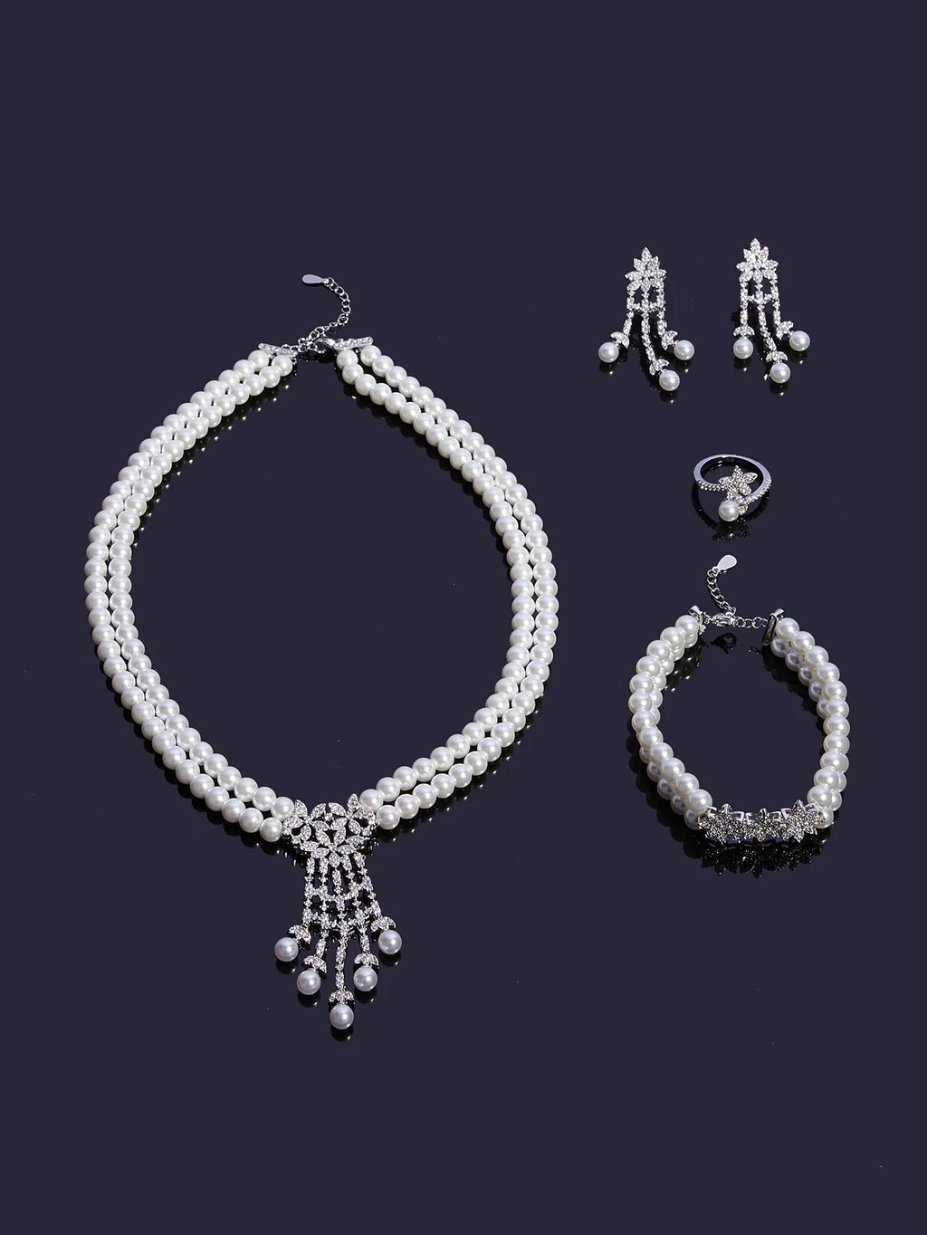 Trendy Pearl Tassel Necklace 4PCS Jewelry Set For Women Wedding Party Full Zircon Dubai Bridal Jewelry Set Gift