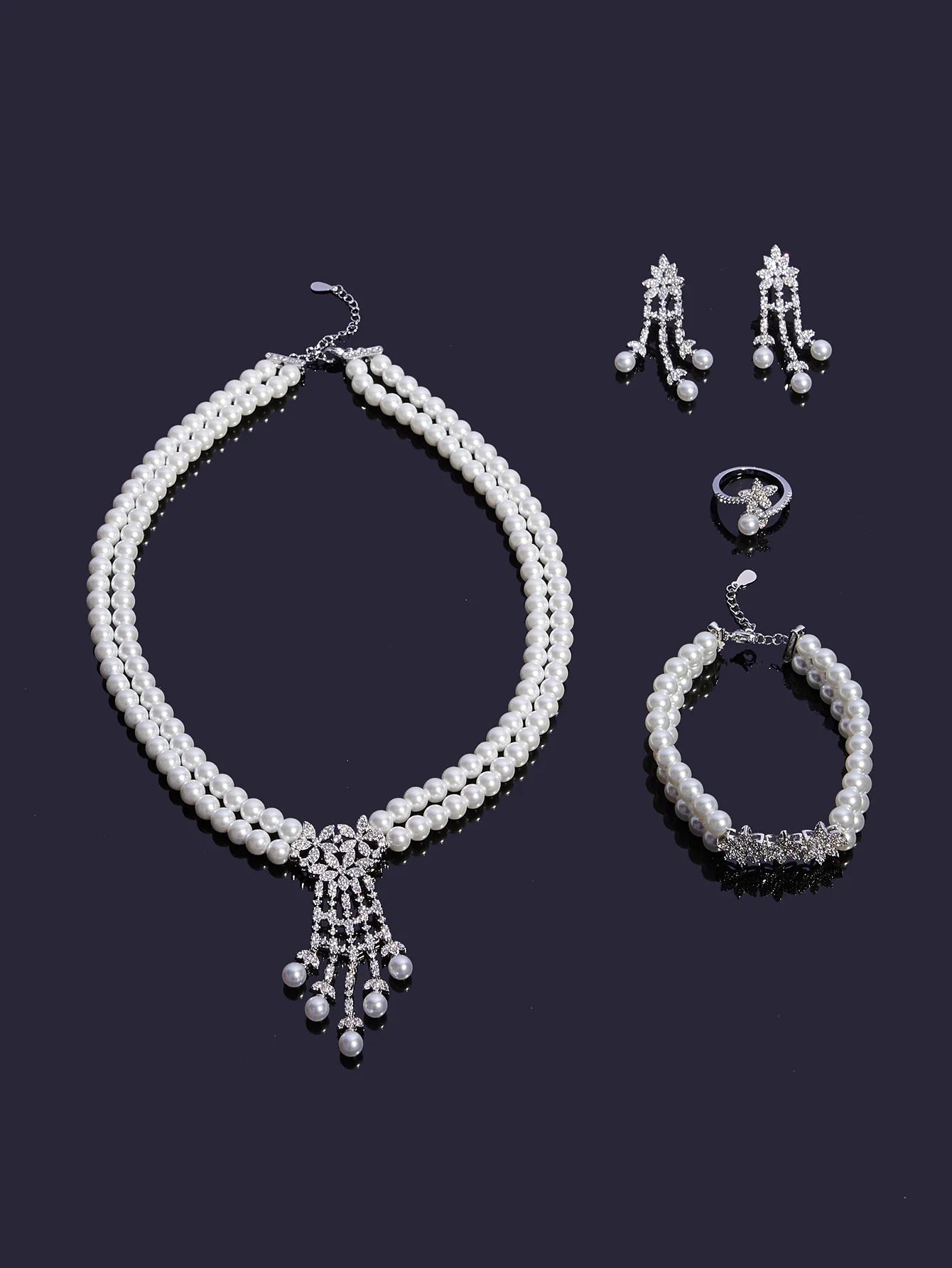 Trendy Pearl Tassel Necklace 4PCS Jewelry Set For Women Wedding Party Full Zircon Dubai Bridal Jewelry Set Gift