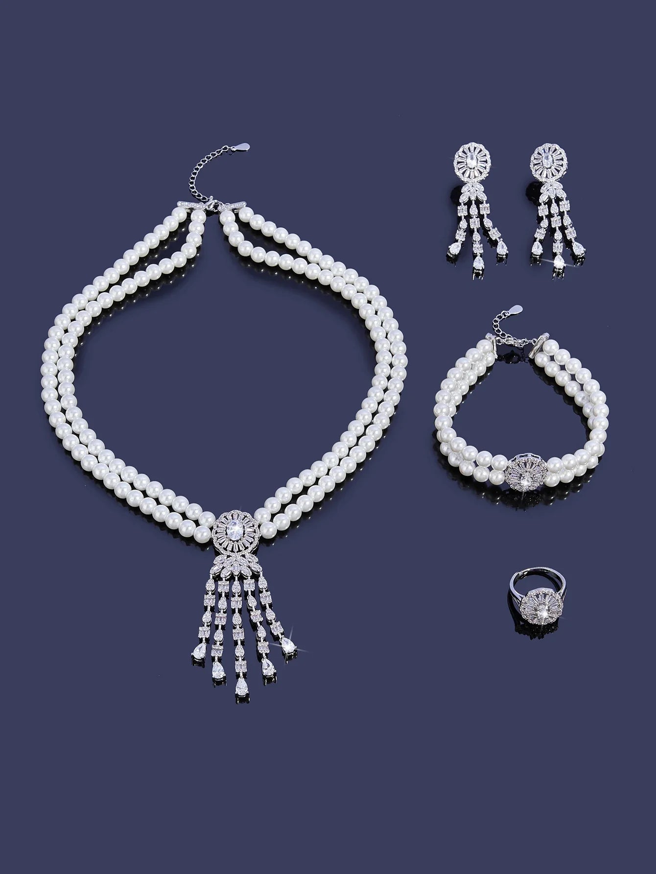 Trendy Pearl Tassel Necklace 4PCS Jewelry Set For Women Wedding Party Full Zircon Dubai Bridal Jewelry Set Gift