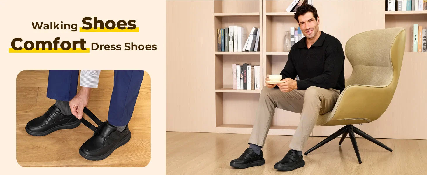 Men's Wide Walking Shoes Hook and Loop Comfortable Leather Business Shoes Orthopedic Diabetic Shoes for Swollen Feet