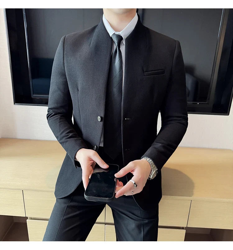 Waffle New Chinese Stand-Up Collar Suit Coats Men Slim Fit Business Casual Fashion Suits Jacket Formal Social Prom Party Tuxedos