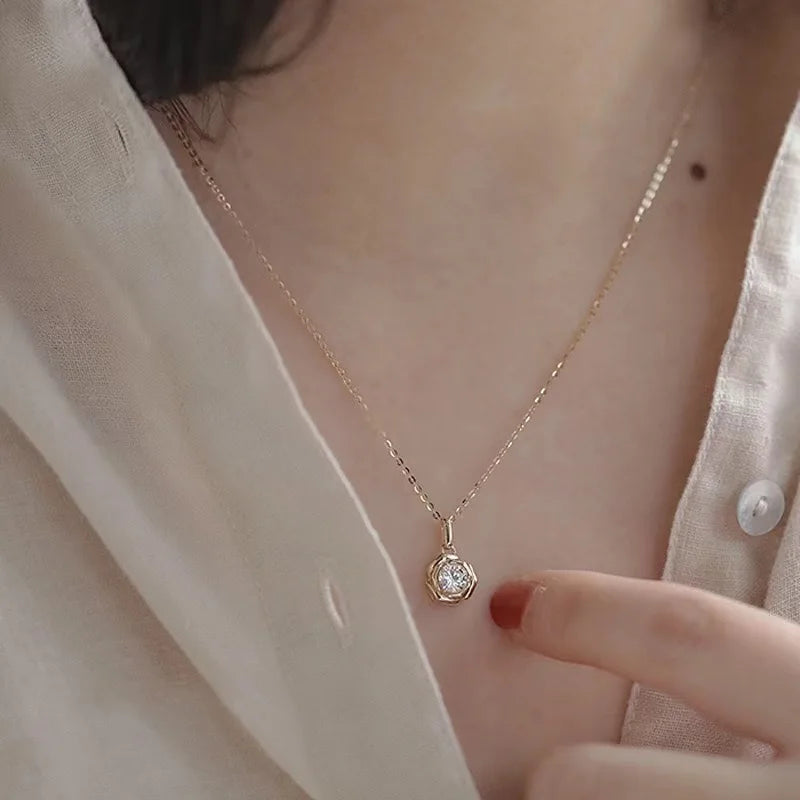 925 Sterling Silver Plated 14k Gold Shiny Zircon Flower Necklace for Women Girl Korean Temperament Exquisite Jewelry Gifts