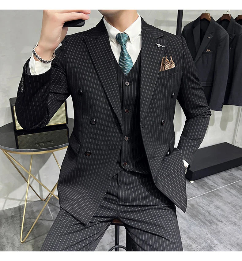 ( Blazer+Vest+Pants ) Groom Wedding Male Suit Luxury Brand Fashion Striped Men's Casual Business Office Double Breasted Suit