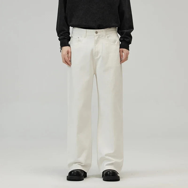 100％ Cotton Men's Baggy Straight Jeans Comfortable Soft Casual Pants Fashion Korean White Brown Denim Trousers Male Clothing