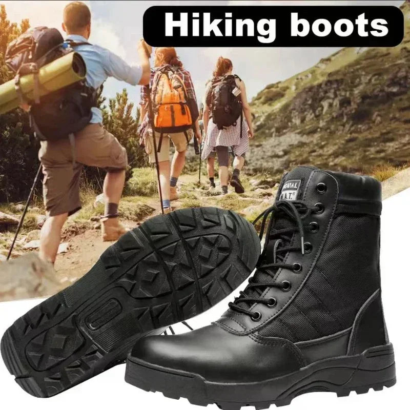 Men's Outdoor High-top Leather Boots Tactical Military Boots Black Thick-soled Shoes Lightweight and Wear-resistant Hiking Shoes