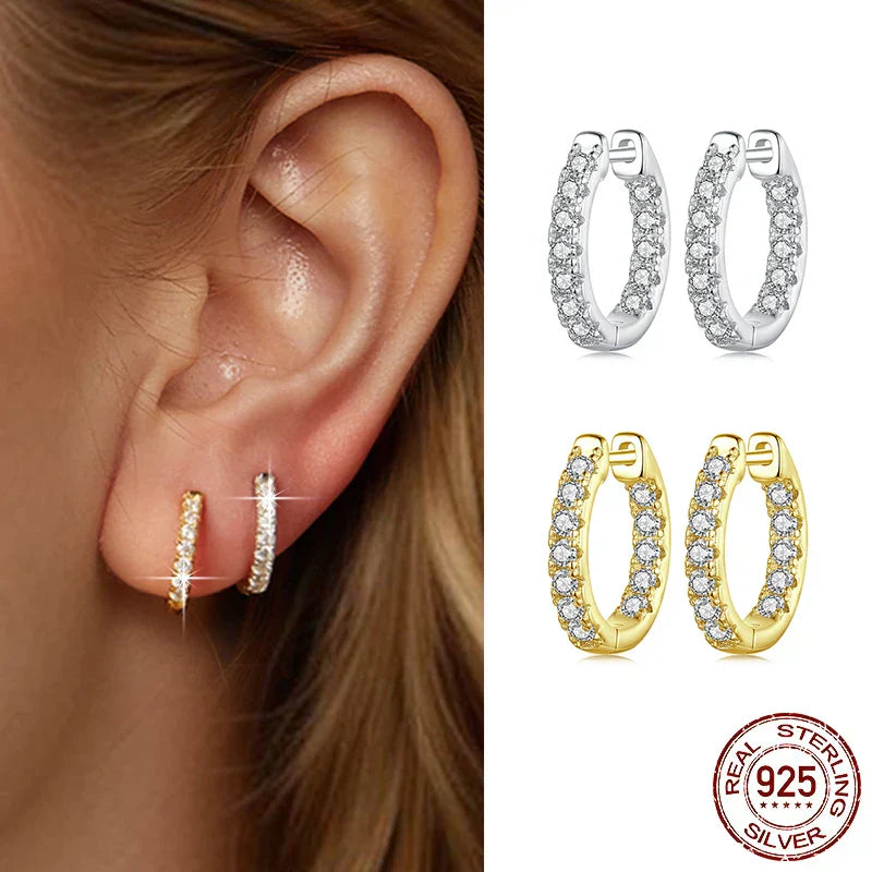 Gold Moissanite Hoop Earrings for Women, 925 Sterling Silver D Color Round Cut Lab Diamond Hypoallergenic Earrings