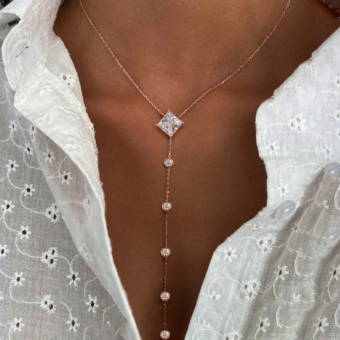 1carat Princess Cut Moissanite Lariat Necklace with Round Bubble Pendant Necklace Y-shape S925 Silver Square Neckchain for Women